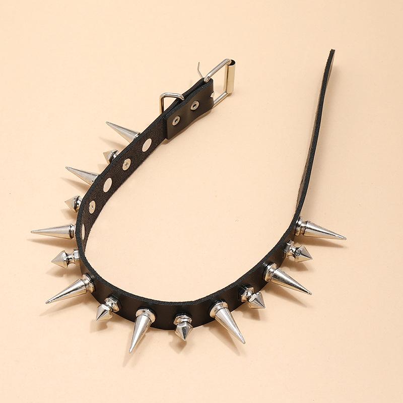 Long Spike Choker Punk Faux Leather Collar  Goth Style Necklace Accessories