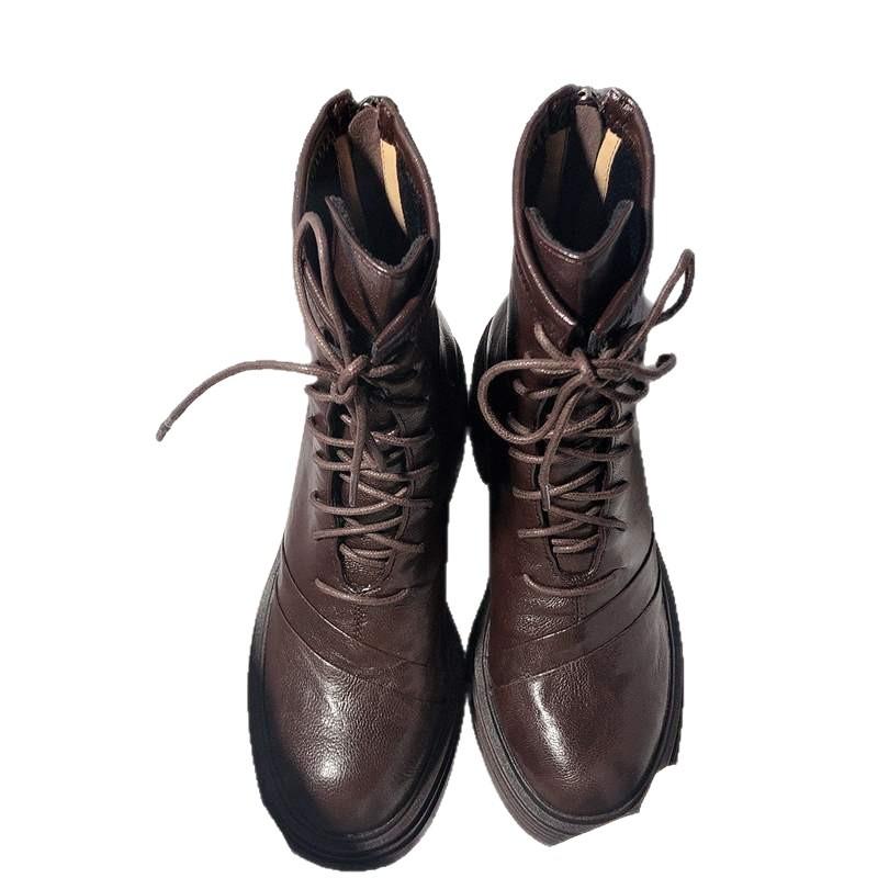 ~ Thick-soled thick-heeled lace-up elastic boots round head temperament leather rear zipper short thin Martin boots