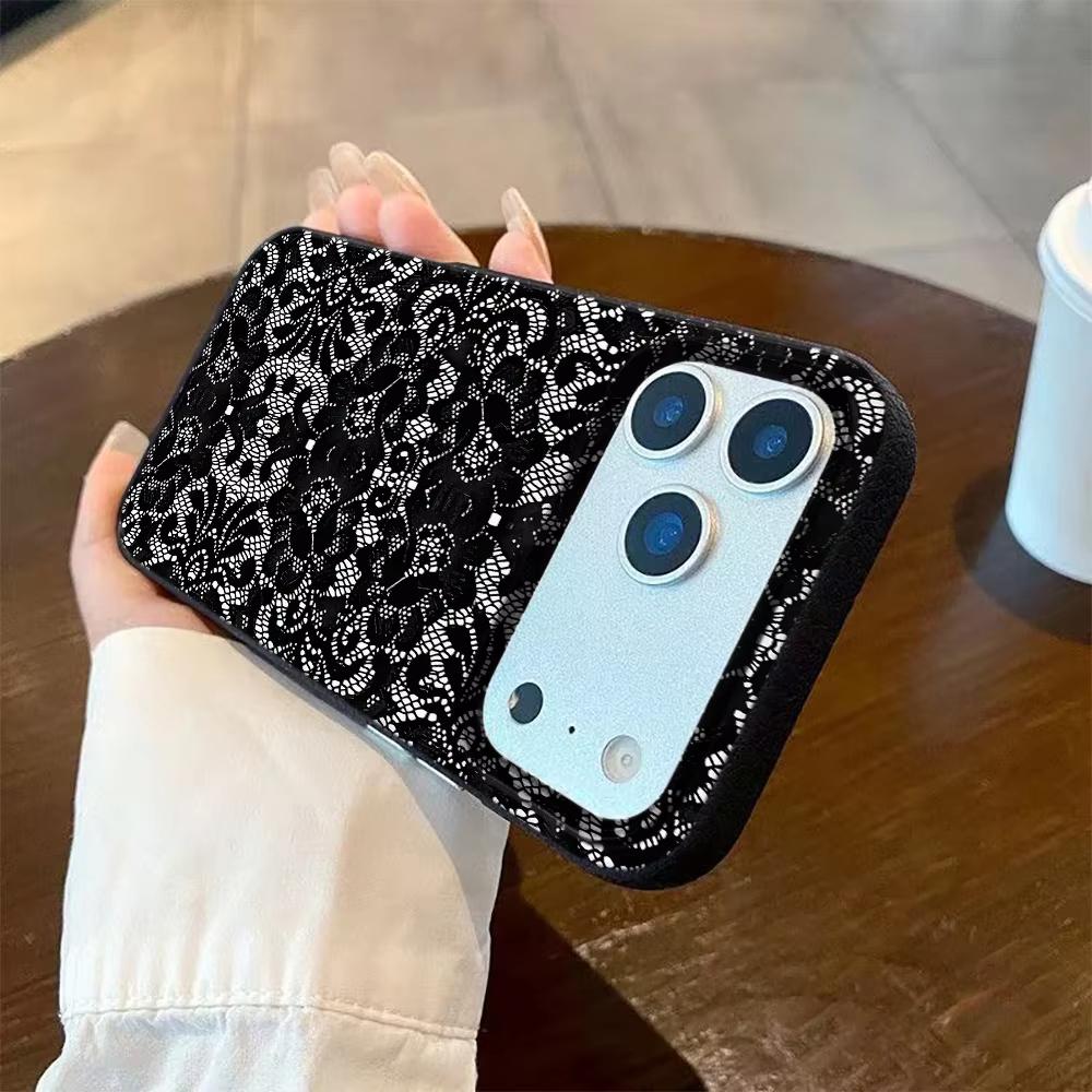 Black Lace Pattern Phone Case For iPhone 17 Pro Max 16 Plus 15 Pro 14 11 13 12 11 16E 17Air XR XS Lychee Textur Soft Cover