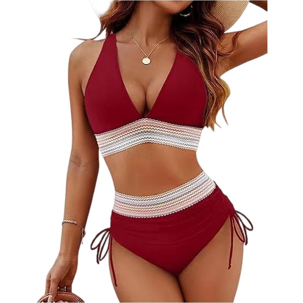 Women High Waisted Bikini Sets Tummy Control Swimsuits Color Block Two Piece Drawstring Bathing Suit Adjustable Shoulder Straps