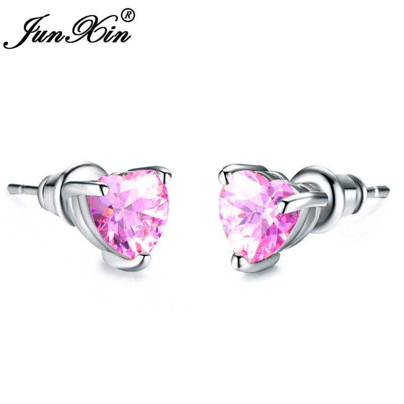 Girls Cute Heart Stud Earrings For Women White Gold Color Brilliant White Zircon Blue Purple Austrian Crystal Wedding Studs Cz