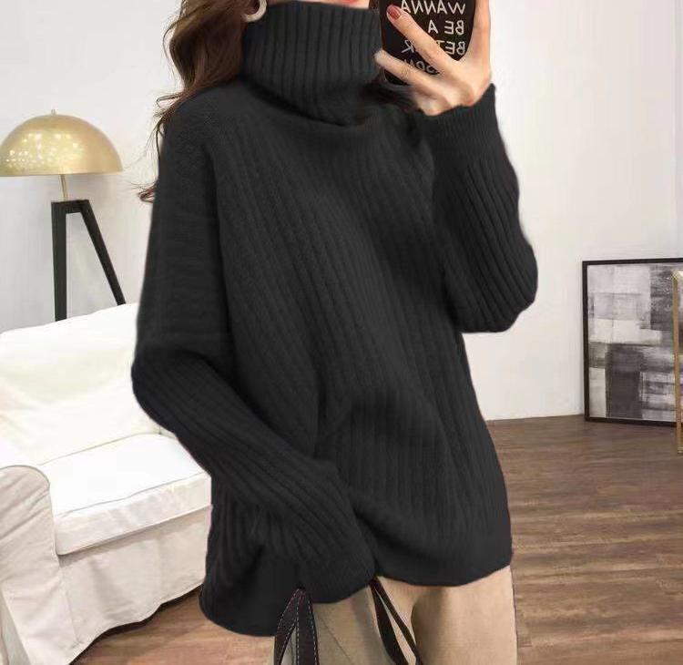 

Осень и зима новый свободный ретро ленивый стиль водолазка свитер с женской модой универсальный пуловер вязаная базовая рубашка толстая One Size чёрный