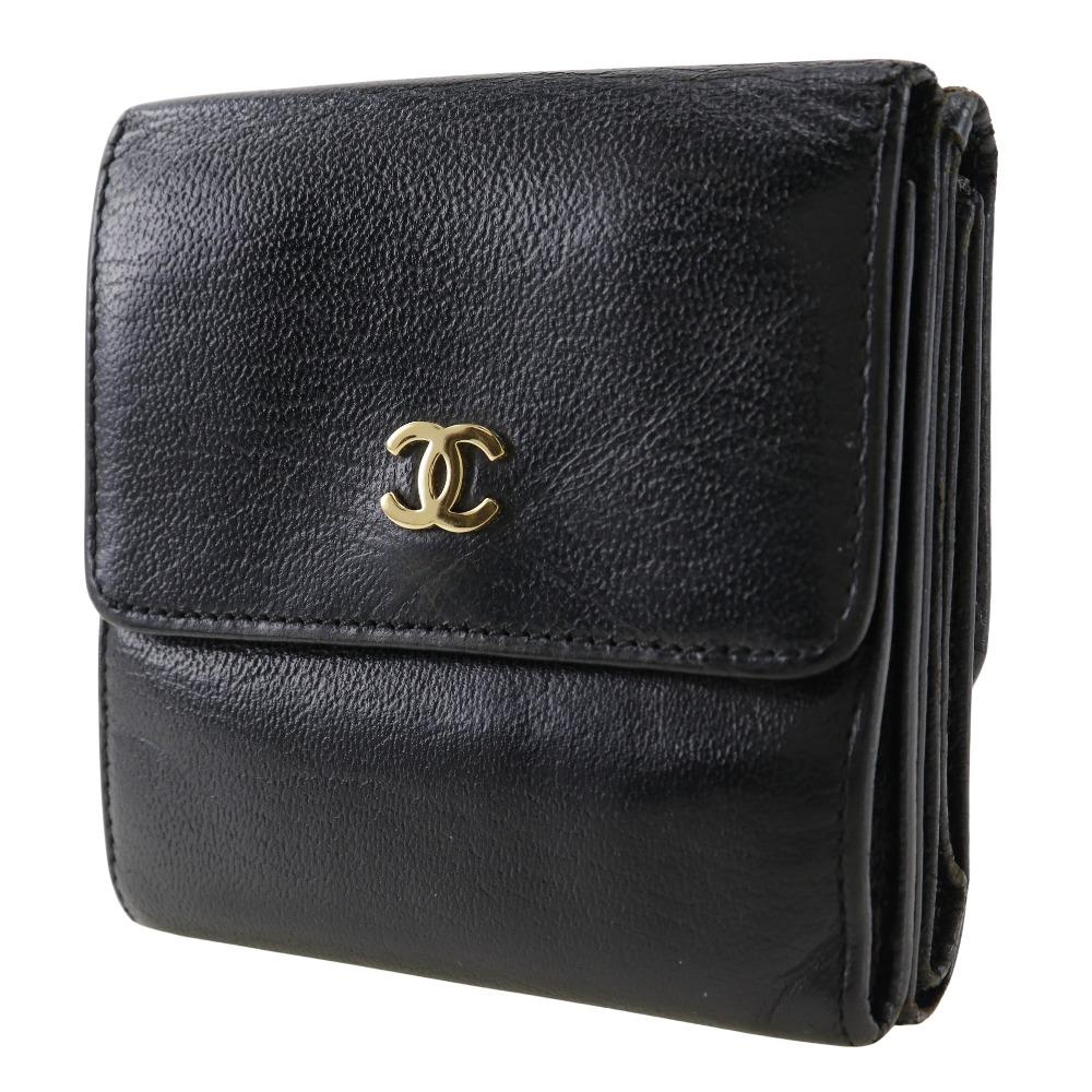 Chanel COCO Mark Bi-Fold Wallet A13456 Double Sided Black Calfskin Women Used