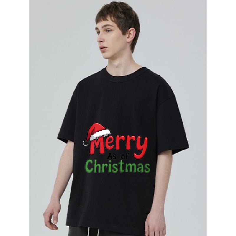 Christmas T Shirt Black Merry As of Christmas Santa Hat Print Holiday Party Wear