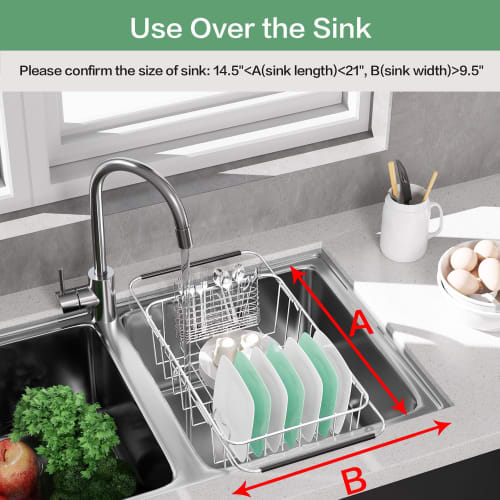 Adjustable, Expandable In-sink Dish Drying Rack, 304 Stainless Steel Metal Dish Drying Rack Organizer with Stainless Steel Dish Holders Inside the Sin