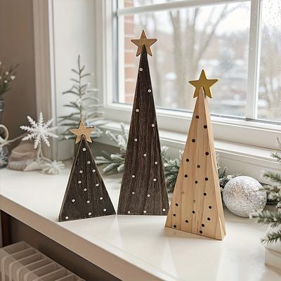 1 Set Desktop Rustic Wooden Handmade Ornament Decorative Tree Durable Christmas Festive Craft Creative