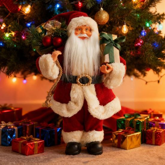 12" Christmas Santa Figurines Standing Santa Claus Doll with Present Box for Holiday Party Window Home Desktop Decoration