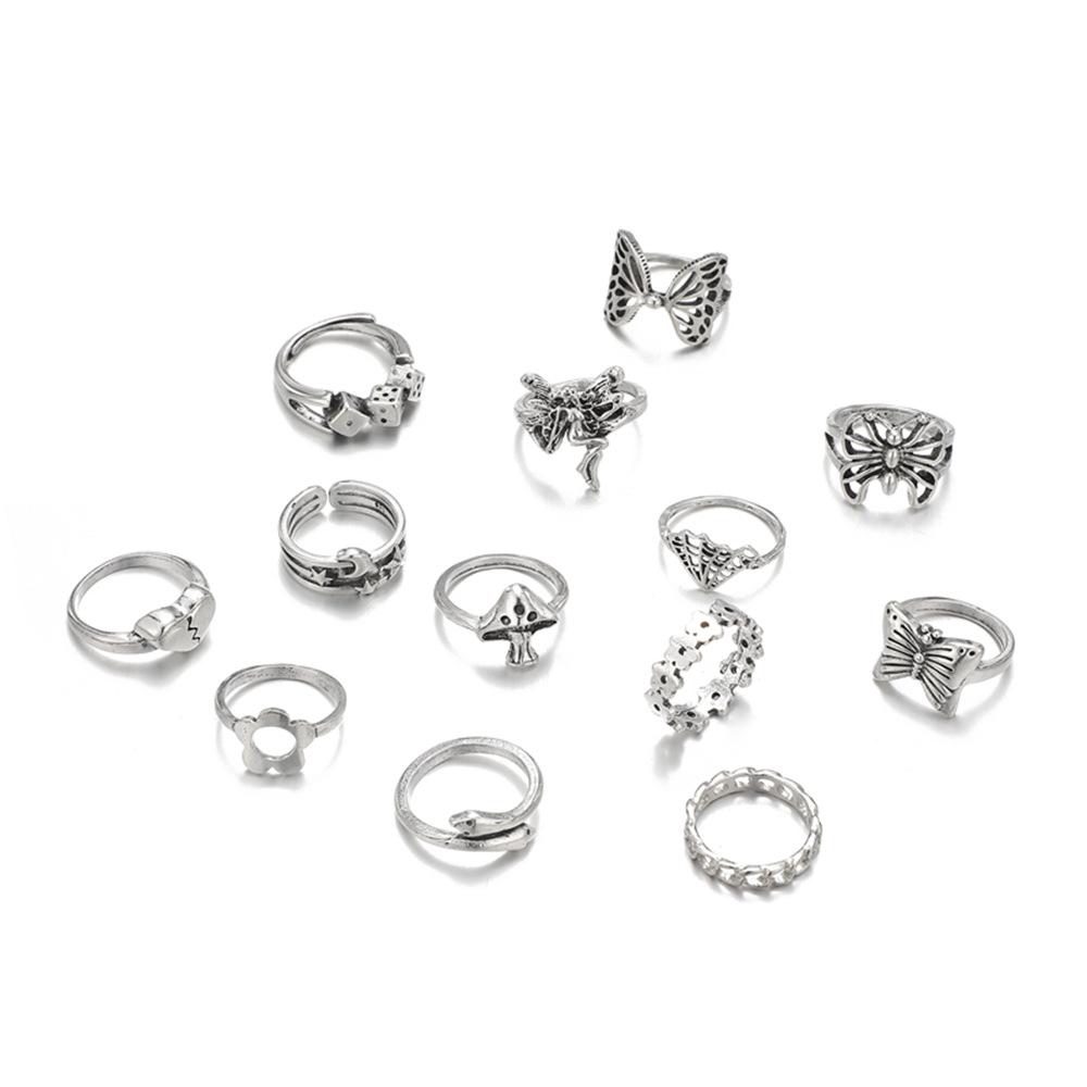 Exaggerated Mushroom Chain Flower Moon Love Butterfly Snake Hollow 13-piece Ring Set