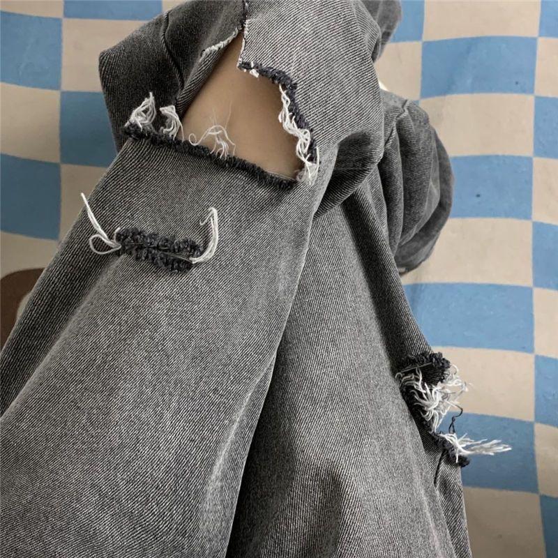Pant for Women Summer Retro High-waisted Broken Holes Jeans Loose Thin Straight Wide-leg Pops Trousers Tide