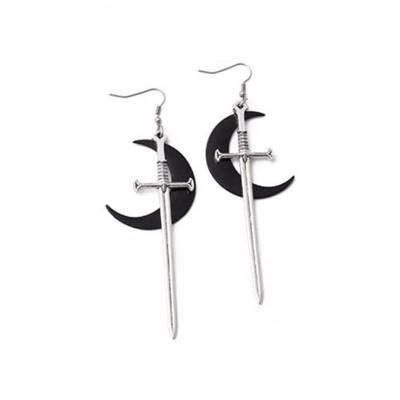 Black Moon Warrior Sword Earrings - Gothic Silver Witch Gift for Women