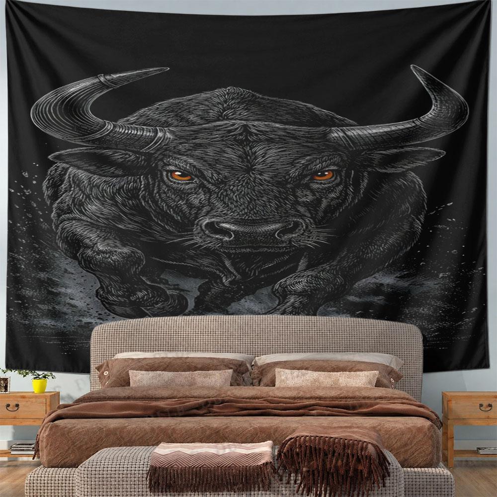 "Charging Black Bull On Black Background" Pattern Wall Hanging Tapestry Decorative Tapestry Home Decor for Bedroom and Living Room