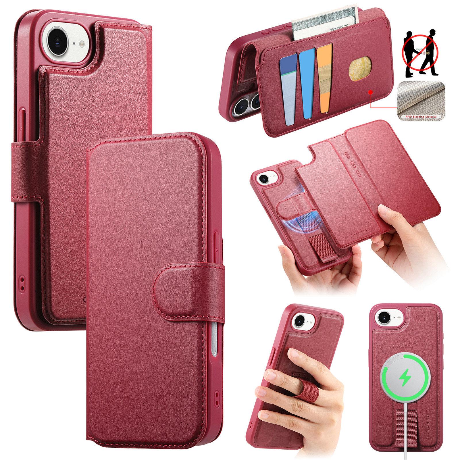 

Для iPhone 16e Магнитный чехол CASENEO Кошелек с RFID-защитой Съемная кожаная накладка для телефона с ремешком на запястье Red
