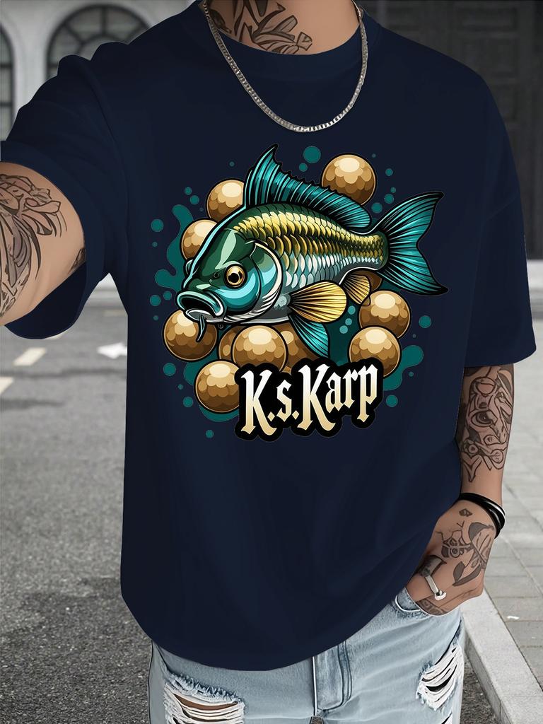 Unisexs Cyan Oversized T Shirt Ks Karp Carp Fish Golden Bubble Graphic Crew Neck Short Sleeve Fishing Lover Casual Summer Male Tops