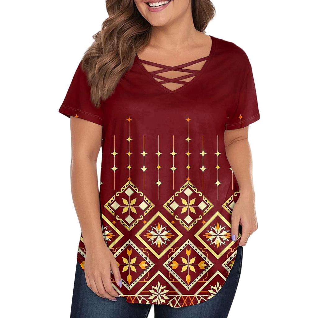 Women's Fashion Casual Printed V-Neck Short Sleeve Large Size T-Shirt Top
