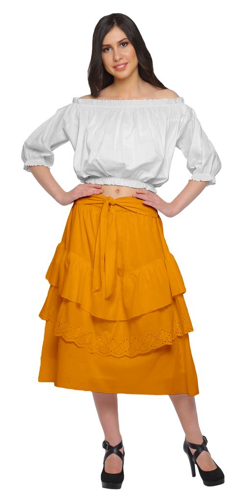 Moomaya Solid Cotton Skirts For Women Knee Length With Lace Belt Ruffle