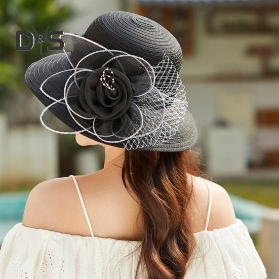 Chapeau de soleil Kentucky en organza pour femme, chapeau à large bord avec fleurs, idéal pour l'église, la plage, le Derby, pour un goûter ou un mariage