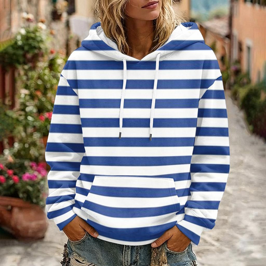 Women's Striped Print Casual Long Sleeve Hoodie with Pocket and