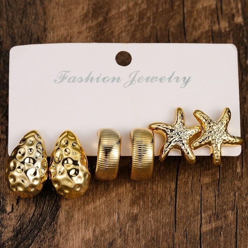 Golden C-Shape Earrings Set Textured Seashell Dangle Earrings  Jewelry Accessories