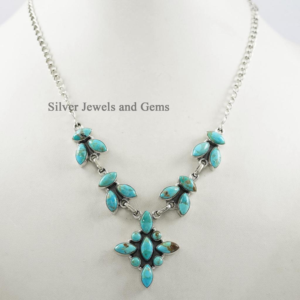 Kingman Turquoise Statement Necklace, Anniversary Necklace, 925 Sterling Silver Necklace, Multi Stone Necklace, Gemstone Handmade Necklace