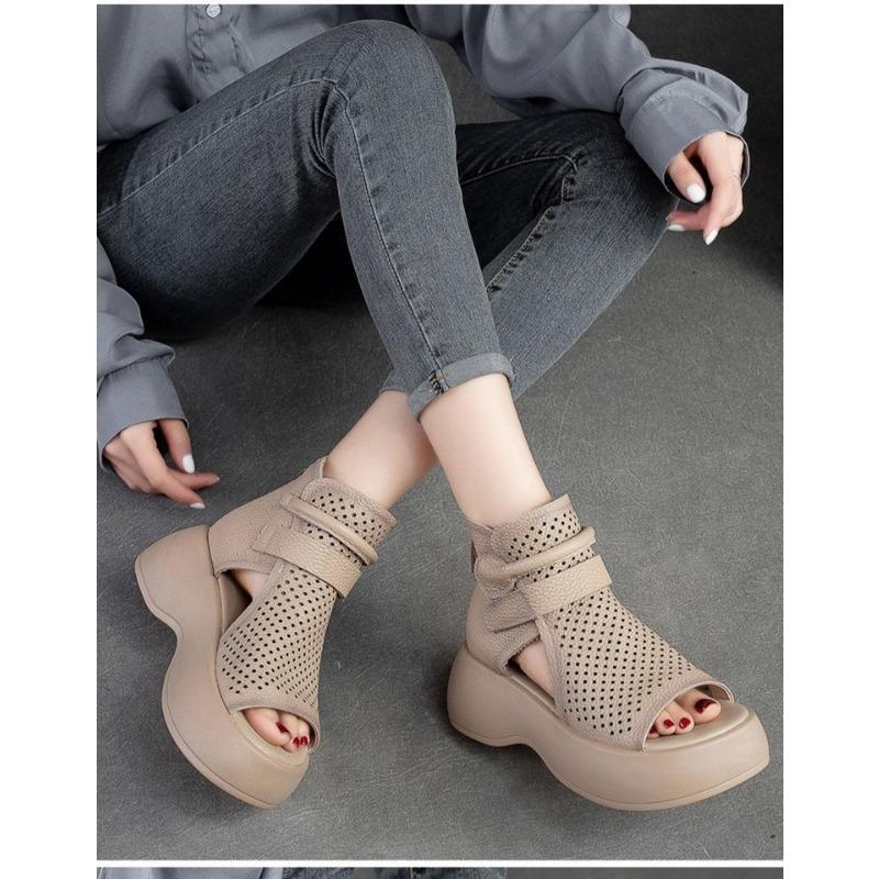New Plus-size Shoes with Fish-mouth Cutout Boots Thick-soled Wedge Heels and Breathable Cool Boots with Rear Zippers