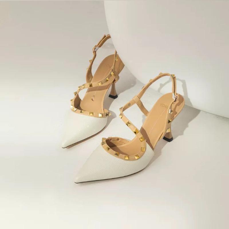 New Retro Woman Shoes Sandals Stiletto Heels Suit Female Beige Original Gladiator Sexy Studded Leather High Girls Black