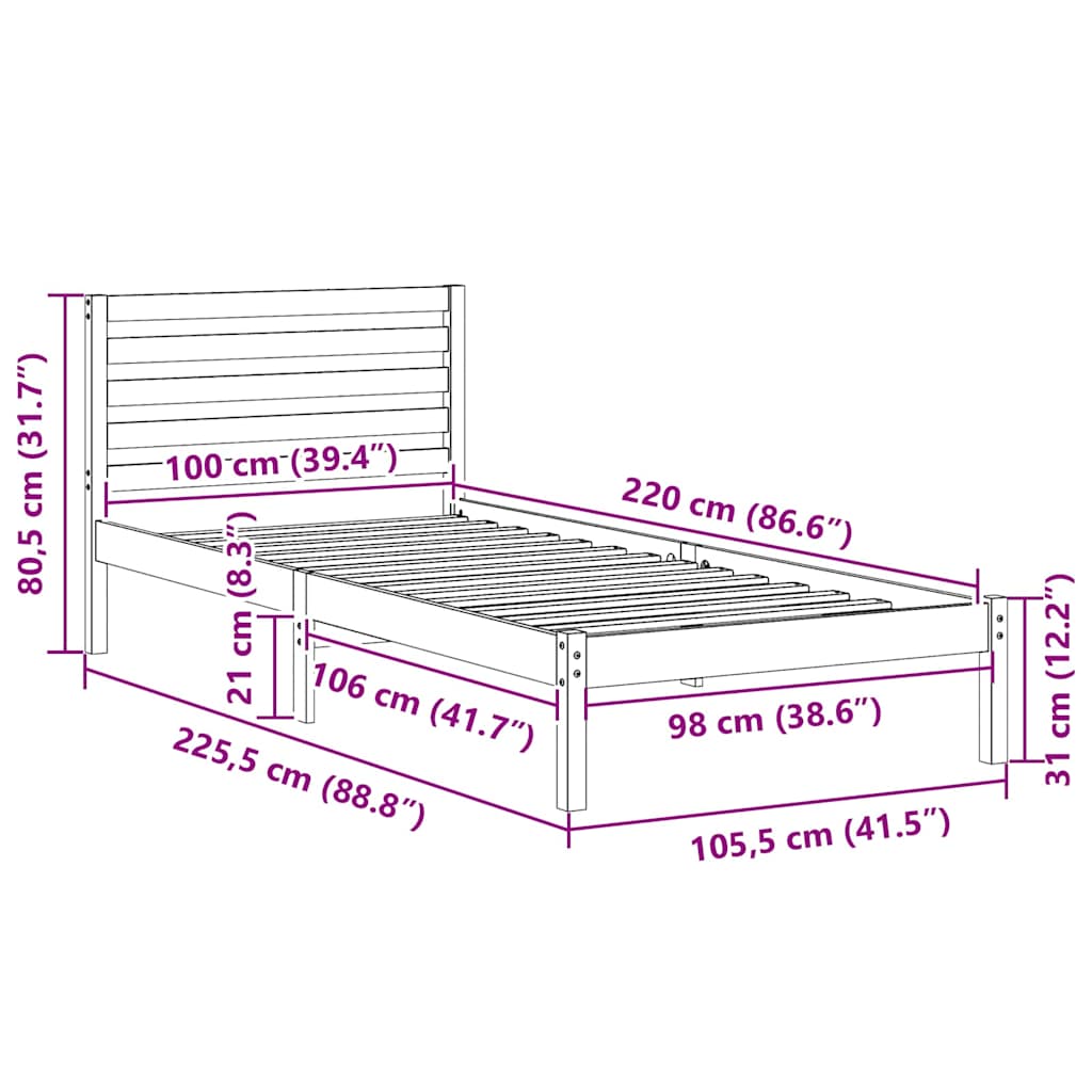 Bed Frame with Headboard White 100 x 220 cm Solid Pine Wood