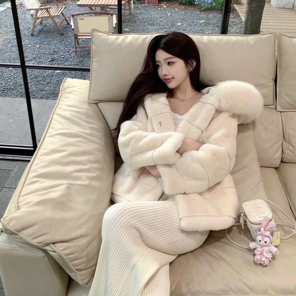 2025 Winter Eco-friendly Mid-length Hooded Faux Mink Velvet & Fox Fur Women's Coat