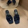 Fashion Slippers for Women's 2025 Summer New Denim Cross Strap Square Toe Slim Heel Womens Shoes Straight Strap High-heeled Sandals