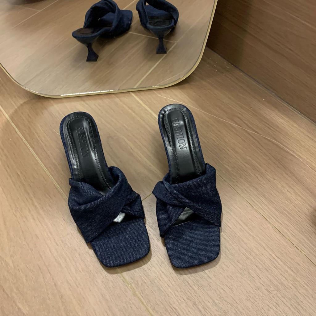 Fashion Slippers for Women's 2025 Summer New Denim Cross Strap Square Toe Slim Heel Womens Shoes Straight Strap High-heeled Sandals