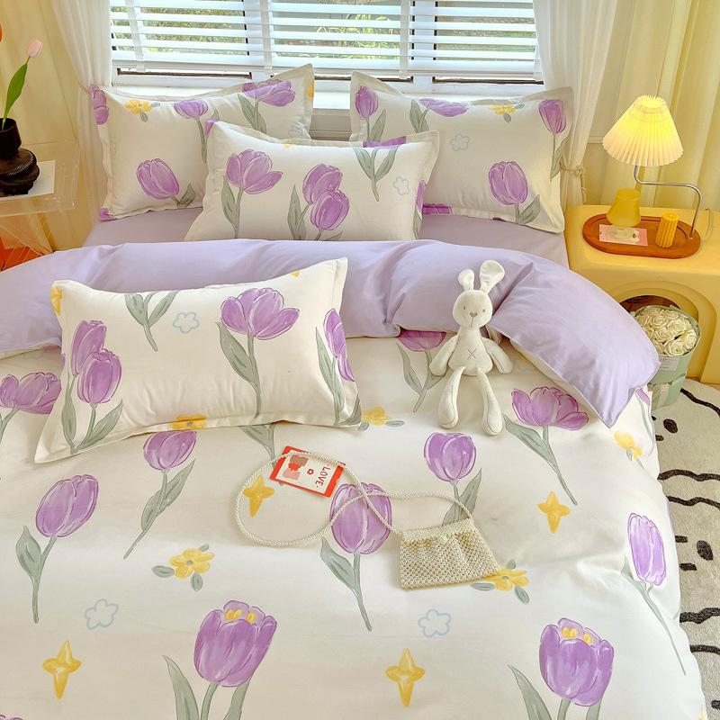 INS Double-sided Availability Pink Blue Cute Cat And Rabbit Bedding Set Duvet Cover Sheets With Pillowcases Full Size Bedroom