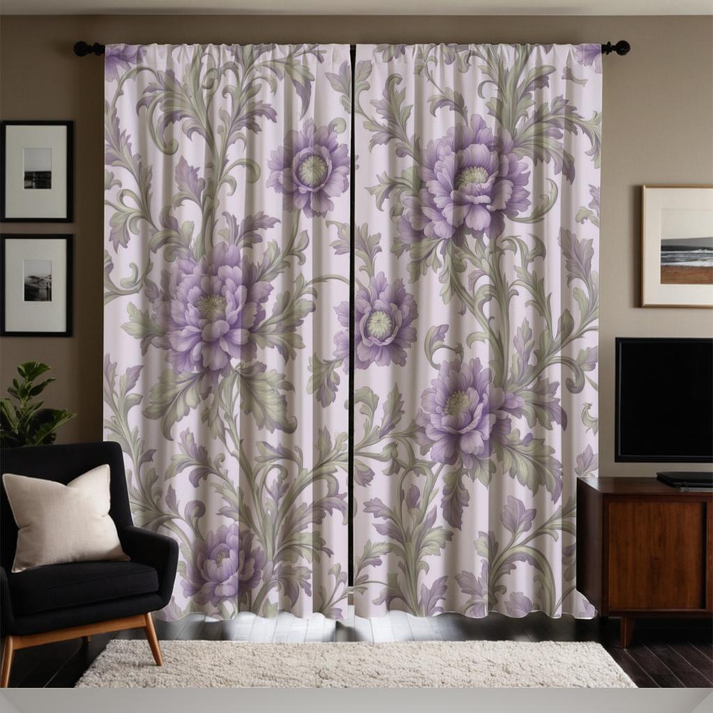 Lavender Floral Print Curtains Polyester Fabric Suitable Bedroom Living Room Decoration Curtain Made Of Washable Area Ready