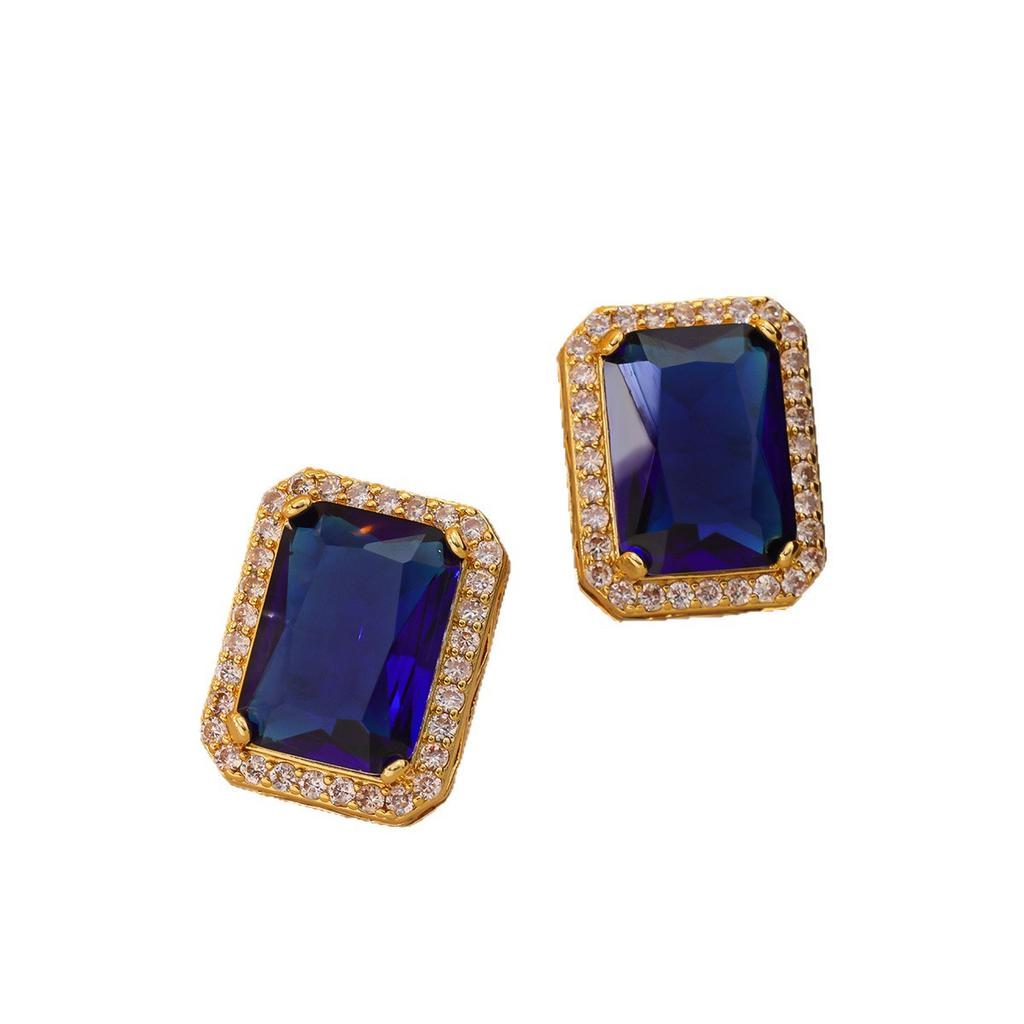 Qingdao Medieval Geometric Large Square Sapphire With Diamonds And Silver Needle Stud Earrings.