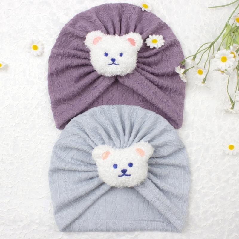 Solid Turban Hat Baby Beanies Caps Headwrap with Cute Bear Charm for 0-2 Years Baby Girls Infants Toddlers Pullover Hat