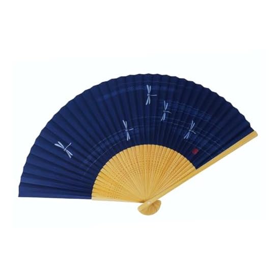 [Oshare Kimono Iroha] Men's Folding Fan, White Bamboo Carved Ribs, Scented, Navy Blue Dragonfly Patt