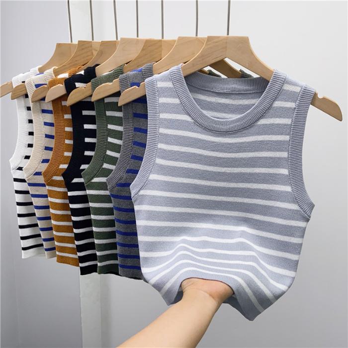 Harajuku Elasticity Women Yoga Sleeveless Crop Tops Allmatch Camisole Y2k Kintted Sports Tops Oneck Casual Thin Stripe Slim Tank Tops Summer