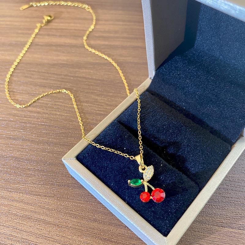 Korean Style Fresh Red Cherry Pendant Titanium Steel Zircon Clavicle Necklace Women Summer Versatile