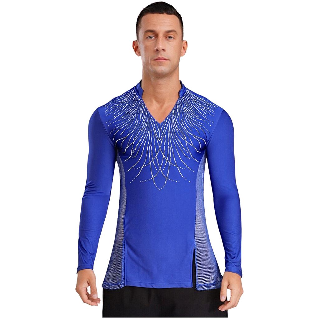 Pánské třpytivé kamínkové taneční top s límečkem do V, dlouhým rukávem, bočními síťovanými díly, patchworkem a rozparky, oblečení do tanečního sálu