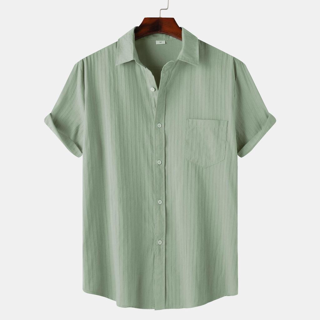 2025 Summer European & American Men's Waffle Short Sleeve Solid Color Casual Shirt