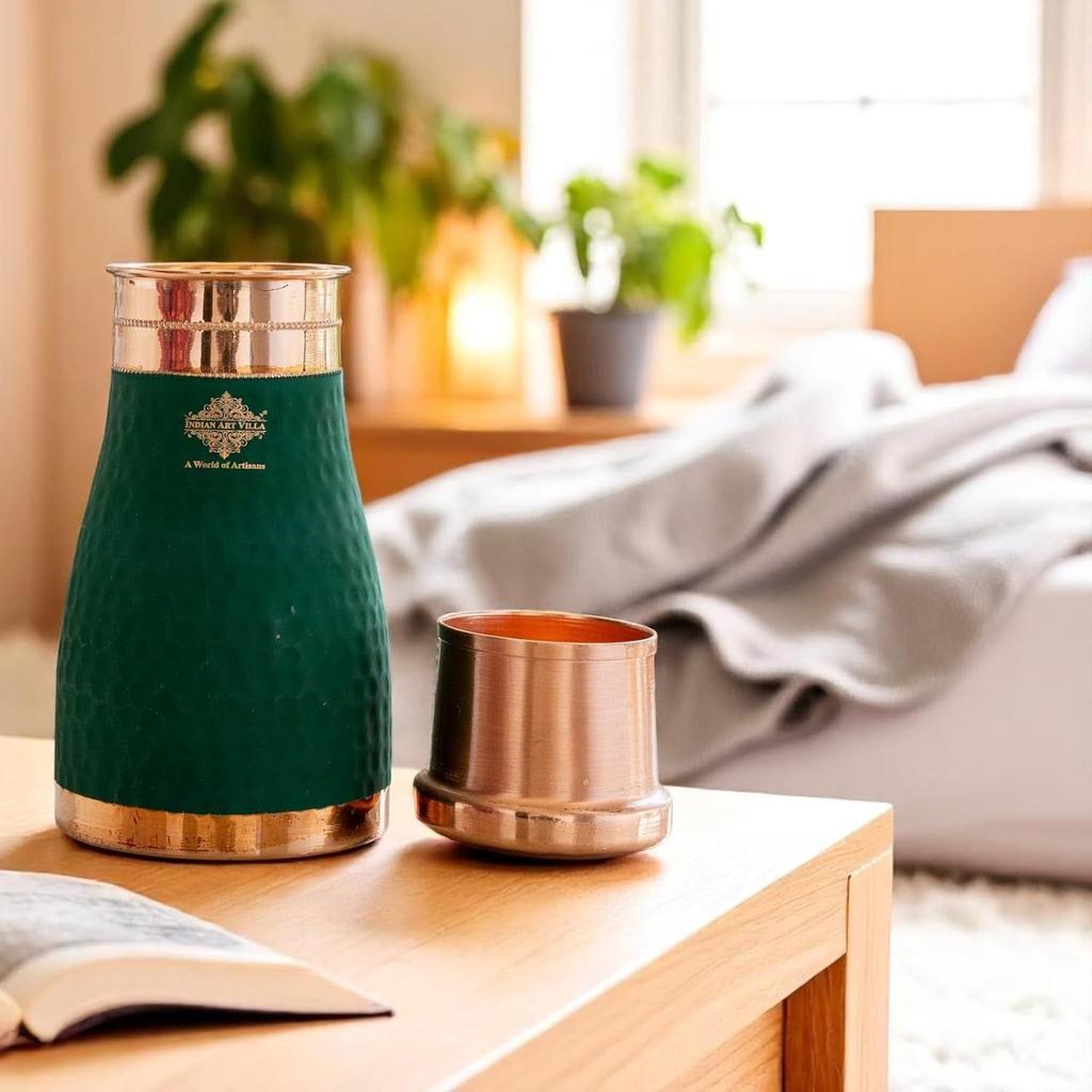 Pure Copper Bedroom Water Bottle with Inbuilt Glass, Green Silk Finish Hammered Design, Drinkware & Storage Purpose - Volume 950 ML (Pack of 1)