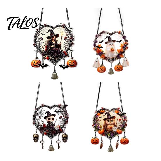 Creepy Skeleton Theme Decor Halloween Acrylic Love Heart Wreath Ornament, Cartoon Owl Ghost Witch Festive Hanging Decoration Decor, Party Pendant with