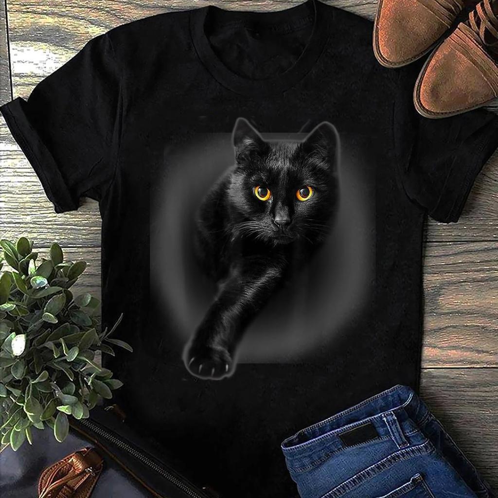 Unisex Black Cat Yellow Eyes Graphic Tshirt Round Neck Short Sleeve Daily Casual Streetwear Top Gift For Cat Animal Lovers