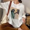 Women's 2023 Autumn Korean Style Retro Portrait Print Sweatshirt with Round Neck and Slit Hem