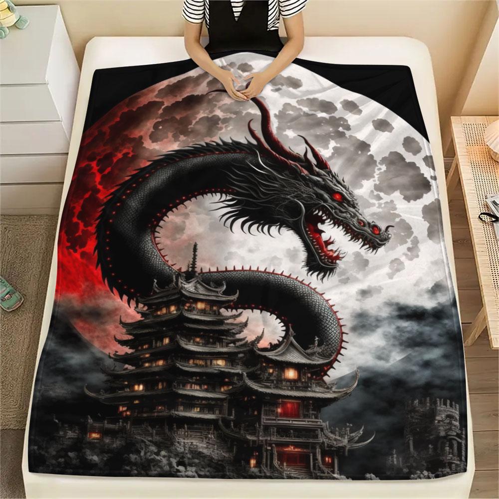 Black Dragon Pagoda Full Moon Blanket Home Decor Soft And Comfortable Machine Washable Sheet Nap Blanket
