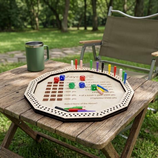 Farkle Dice Tray Kit Wooden Tray, with 6 Dice, 8 Colorful Pegs, Multi-player Interactive Family Board Game Game, Classic Tabletop for Travel