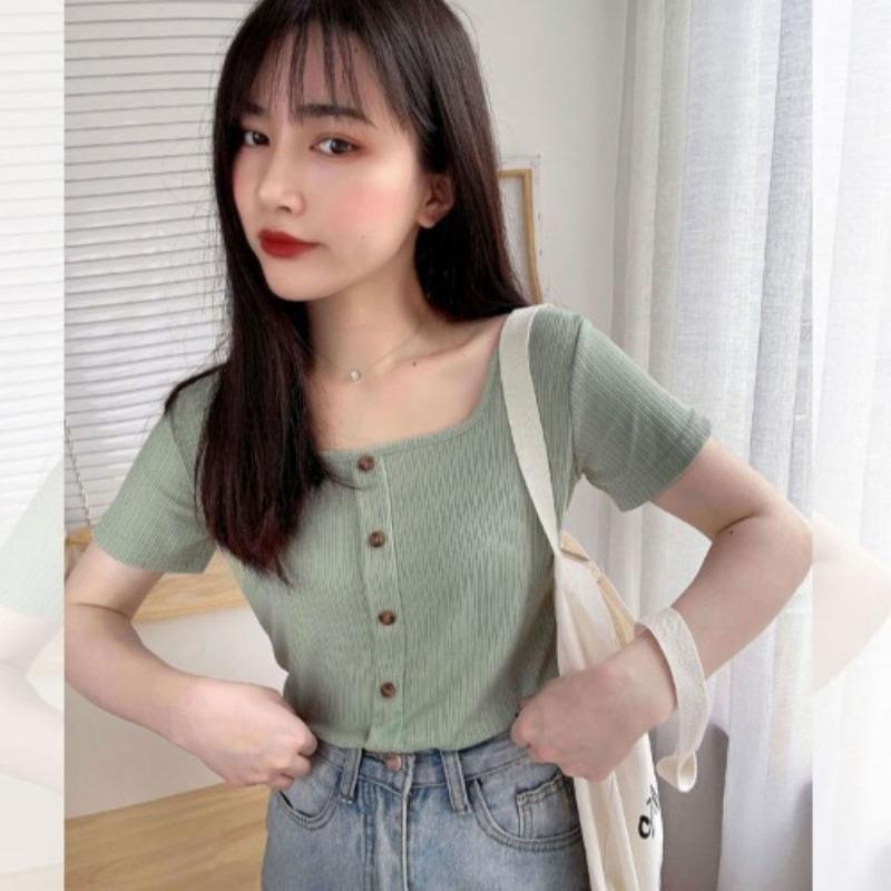 Retro Summer Slim Short Section Square Neck Knit Shirt Short-sleeved T-shirt Female Yankee Heart Machine Exposed Collarbone Tops Casual Pullovers Tees