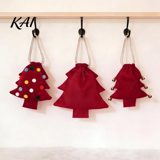 Reusable Fabric Gift Wraps Christmas Tree Shaped Bag, Drawstring Treat Goody Bags with Pompoms Durable Polyester Sacks Bells, Winter Present Wrapping