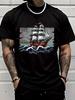 Unisex White Tee Retro Sailing Ship Ocean Wave Island Graphic Print Short Sleeve Loose Casual Basic Top For Adult Male Daily Wear
