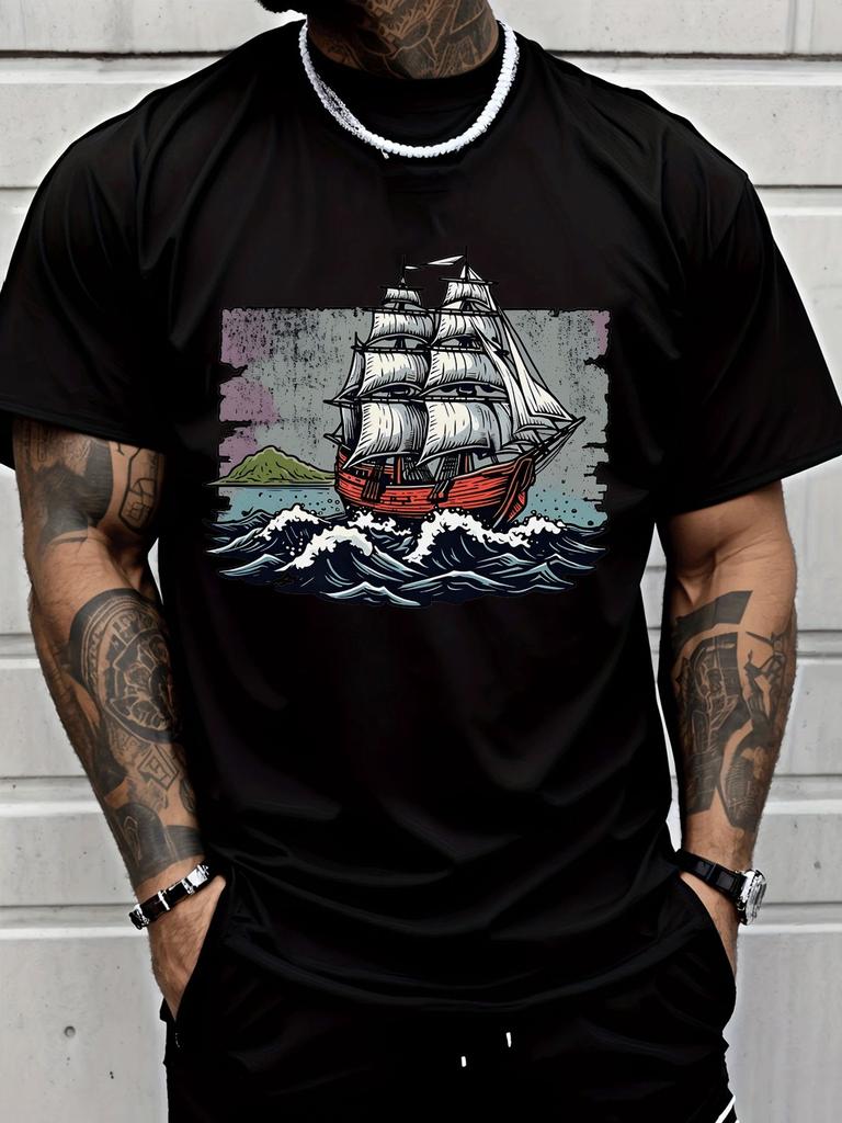 Unisex White Tee Retro Sailing Ship Ocean Wave Island Graphic Print Short Sleeve Loose Casual Basic Top For Adult Male Daily Wear