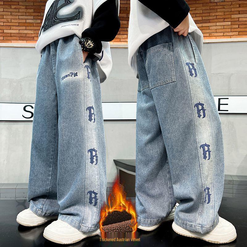 2025 Boys' Autumn & Winter Fleece-Lined Straight Leg Jeans for Kids - Thickened for Warmth