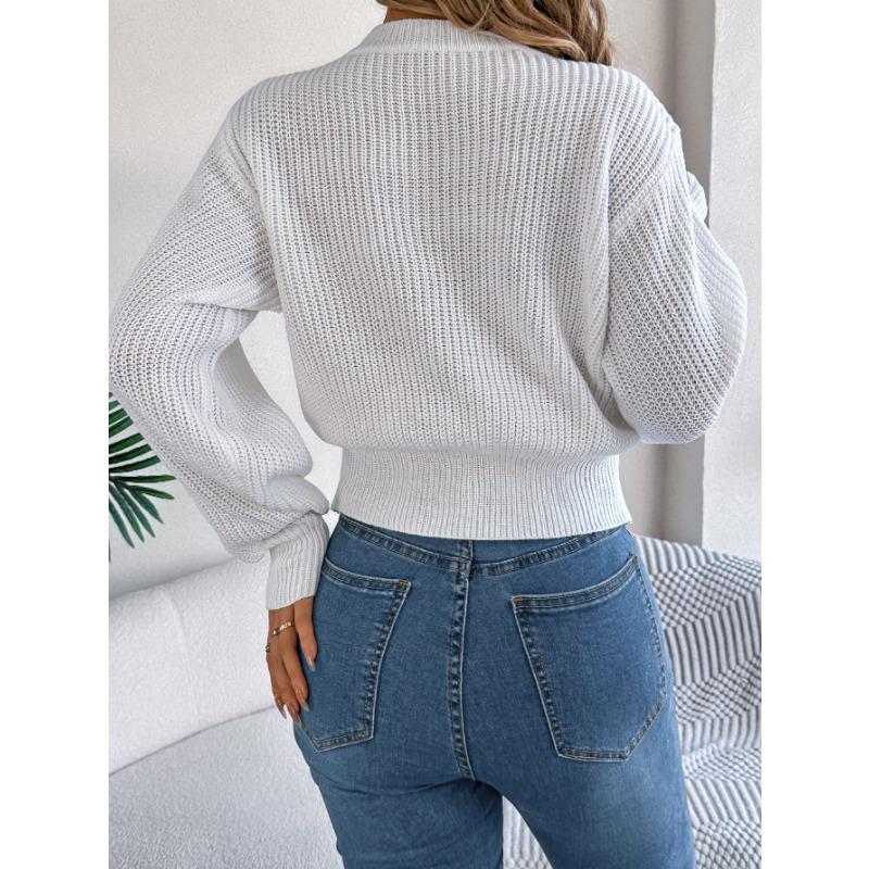 Women European American Style Solid Color Twisted Lantern Long Sleeve Waisted Pullover Sweater